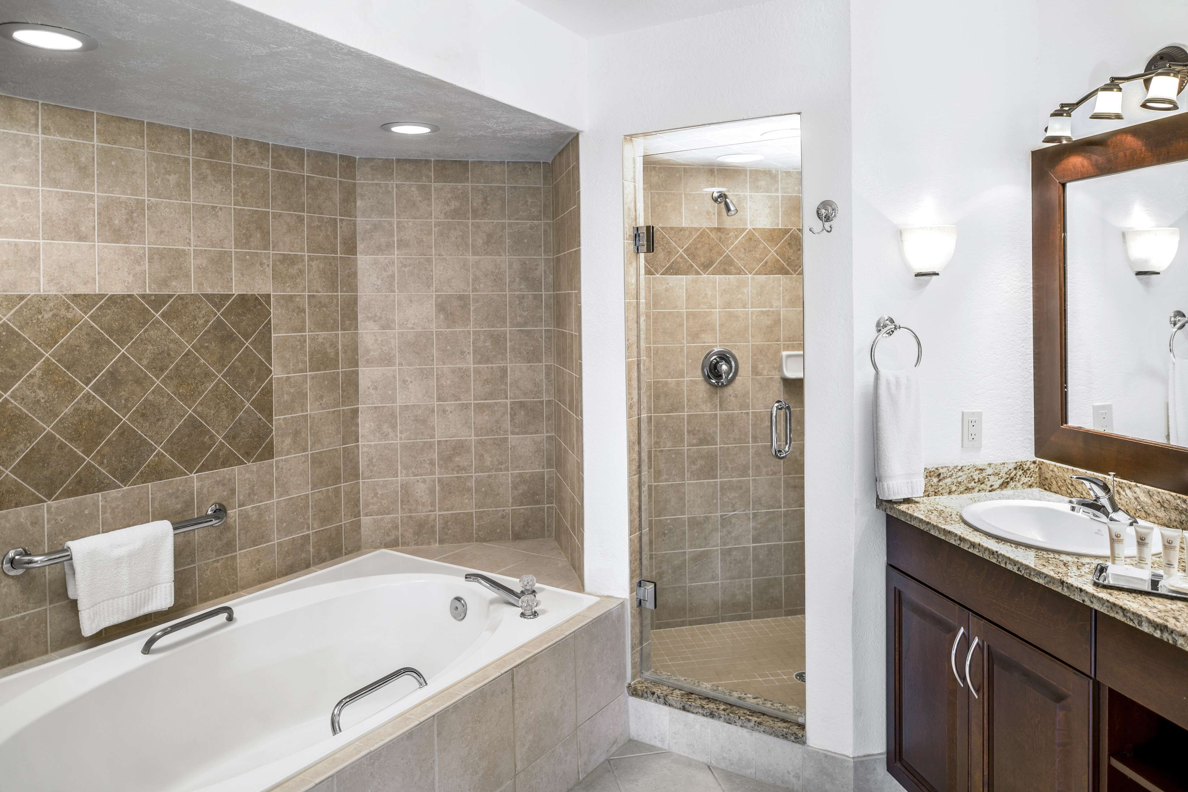 Separate bathtub and shower, free toiletries, hair dryer, towels