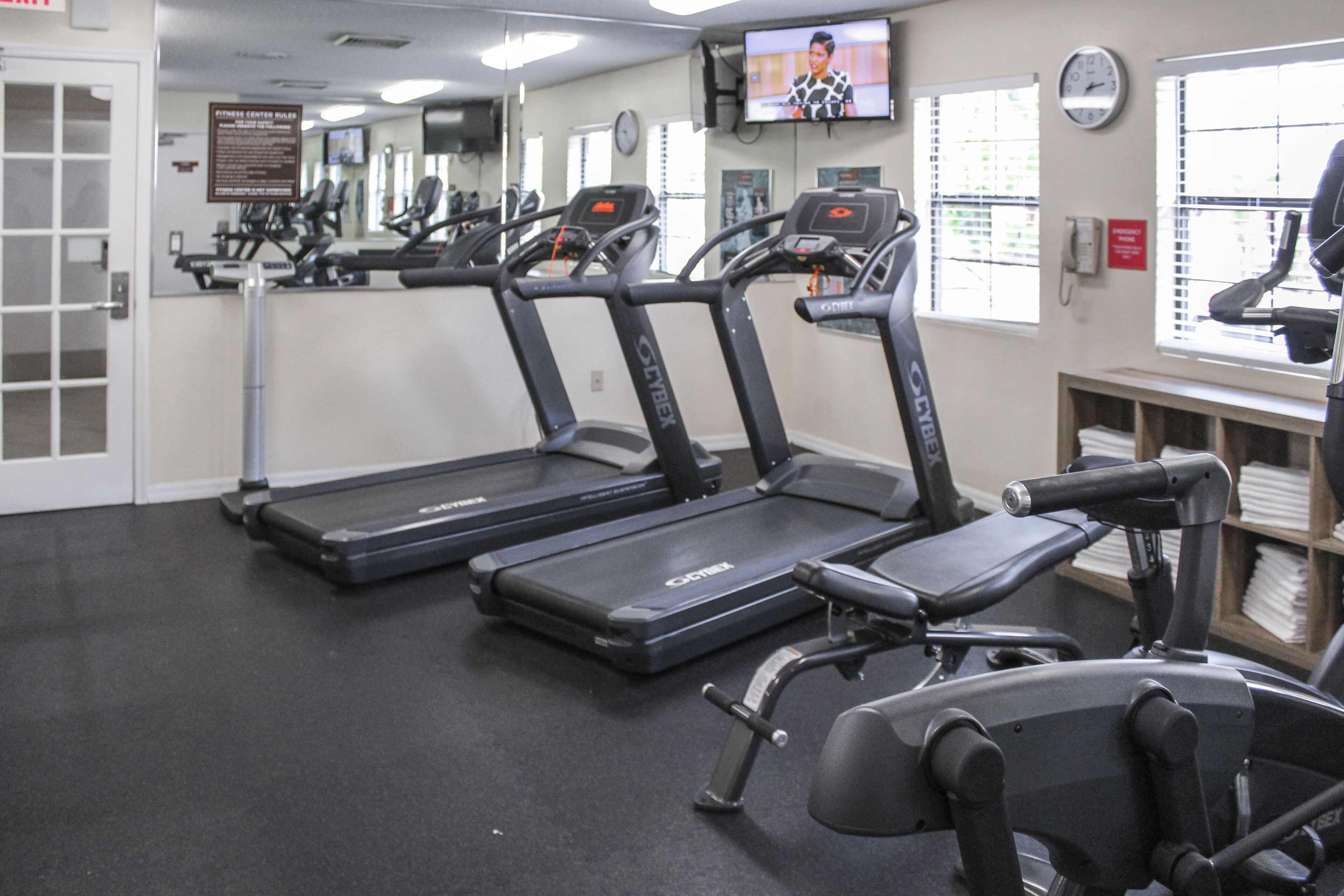 Une salle de sport équipée de tapis de course, d’appareils de musculation et d’un écran de télévision.