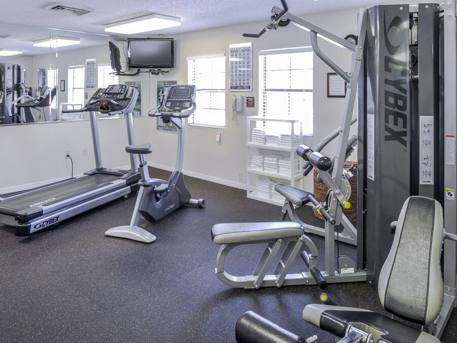 A gym with exercise equipment, a treadmill, and a weight machine.