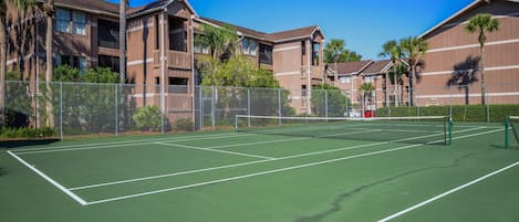 Un court de tennis avec un filet, entouré d’une clôture et de palmiers.