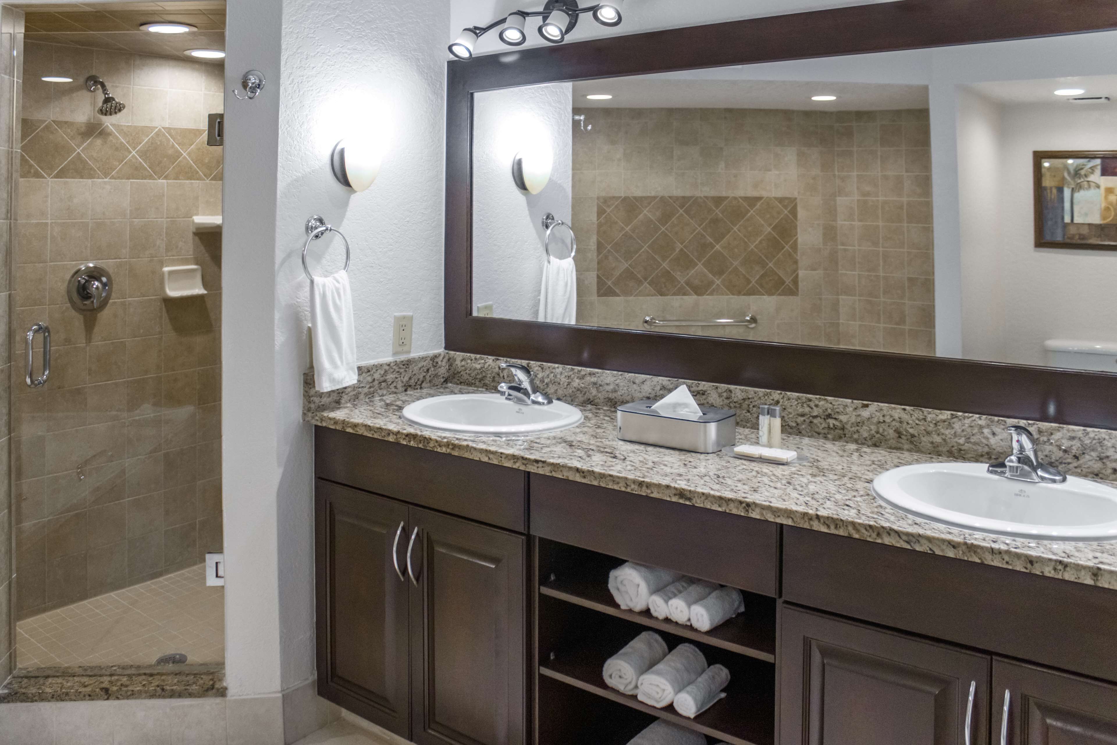 A bathroom with two sinks, a large mirror, and a shower area.