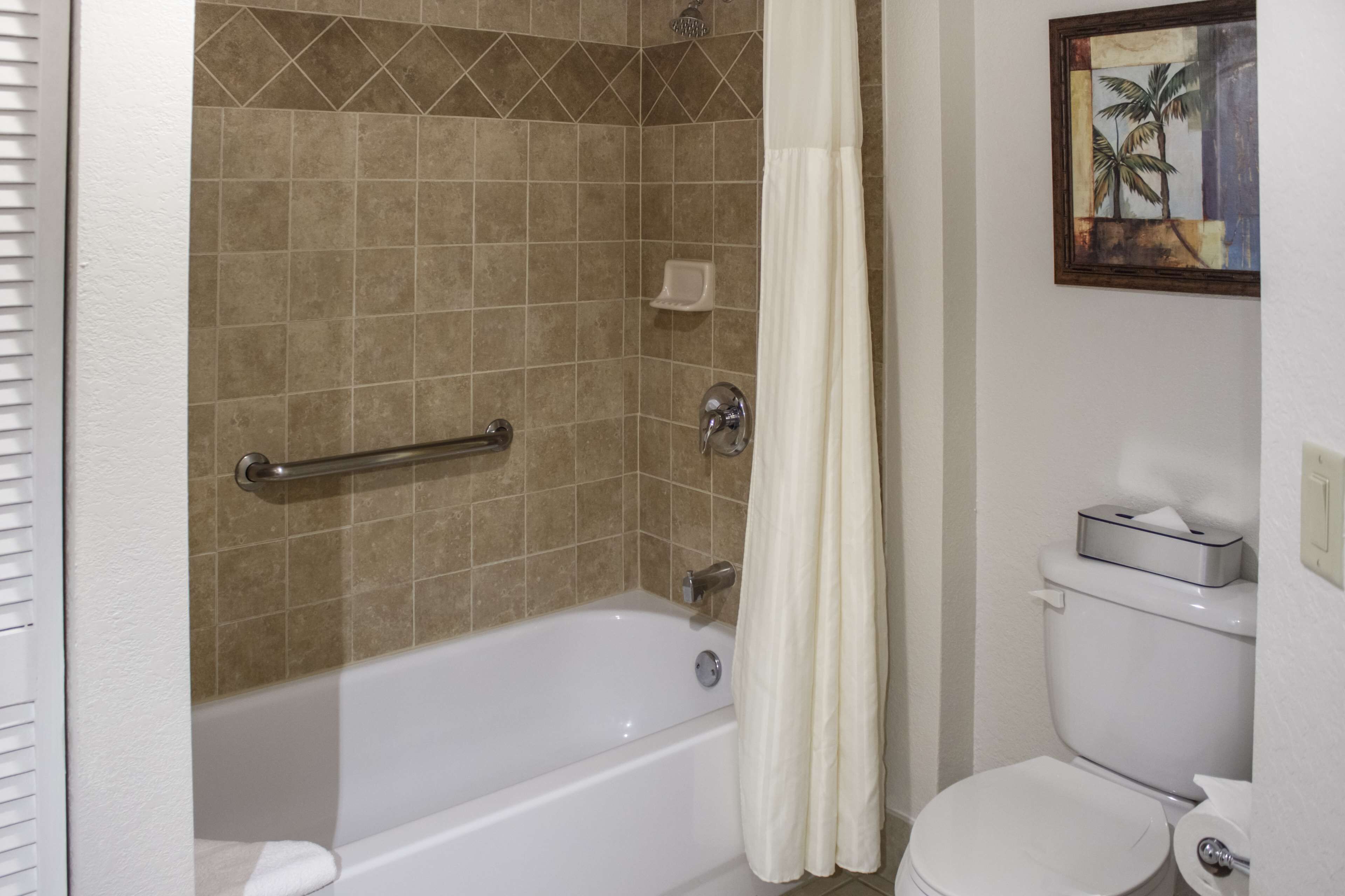 A bathroom with a bathtub, toilet, and a shower curtain.