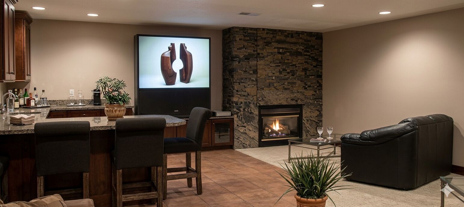A modern living room with a fireplace, a television, and a dining area with bar stools.