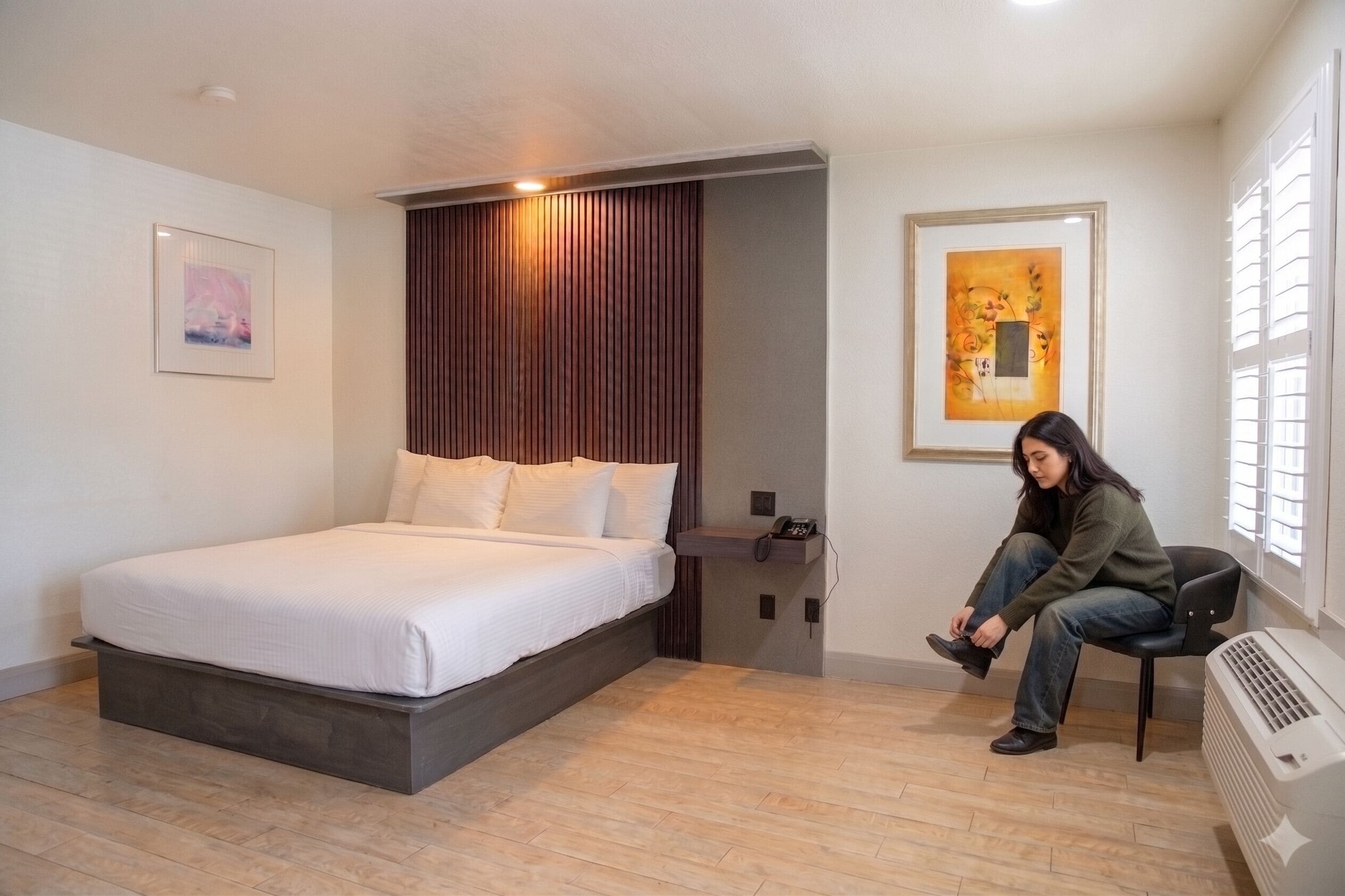 A bedroom with a bed, a bedside table with a phone, a radiator, and a window with blinds.