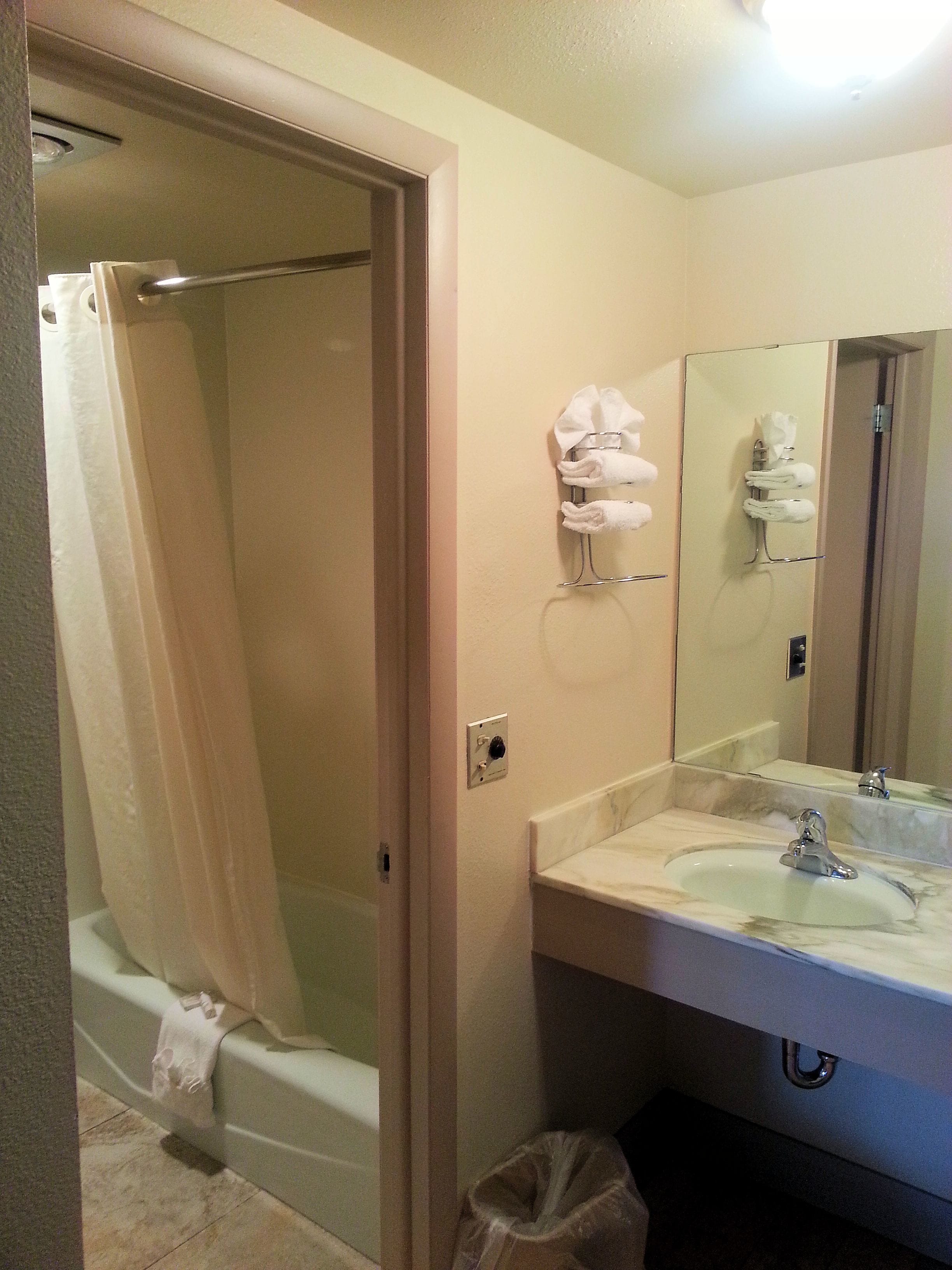 A bathroom with a shower, a sink, and a towel rack.