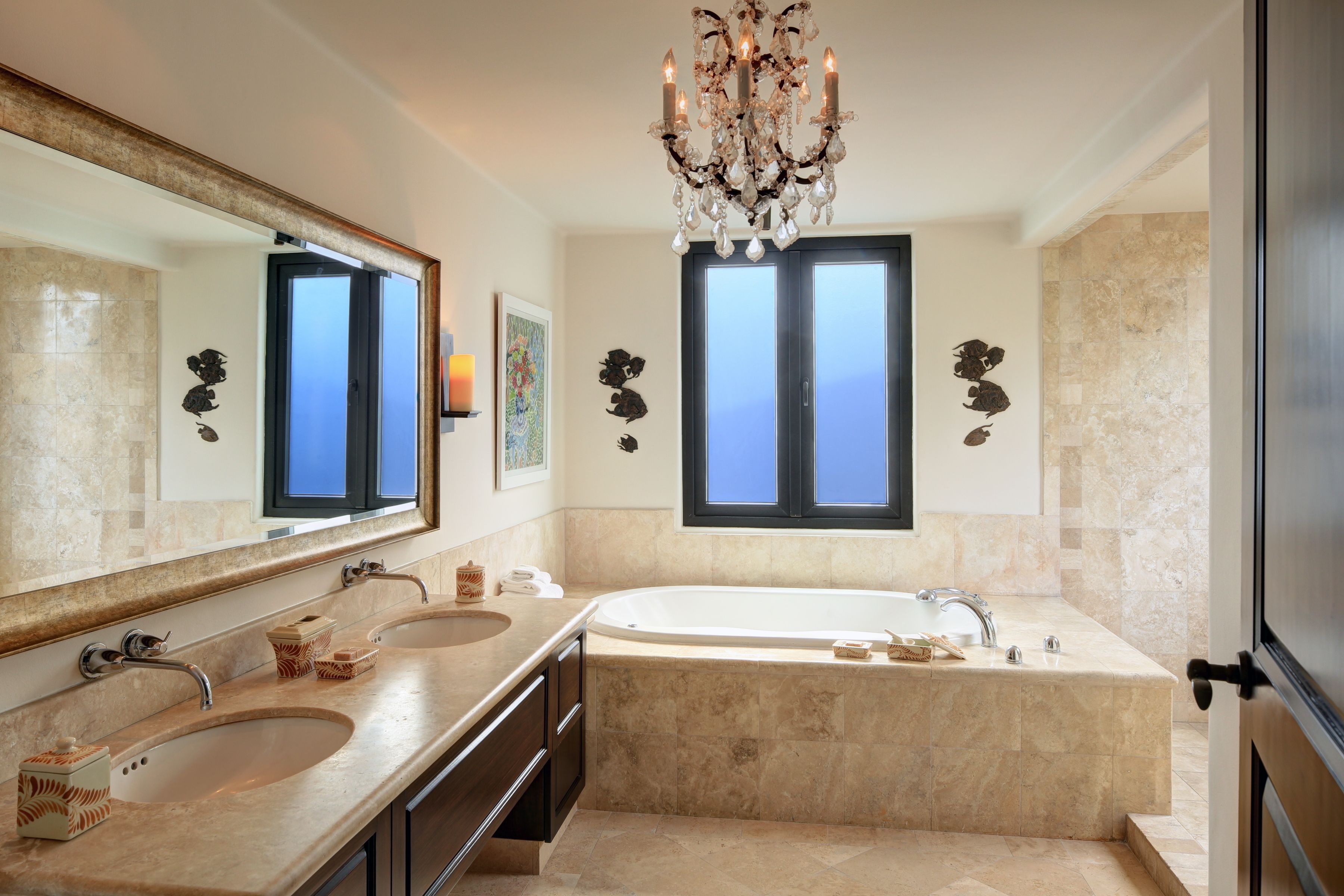 separate bathtub and shower, deep-soaking bathtub, designer toiletries