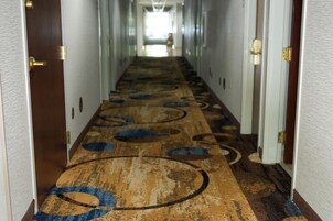 Un pasillo de hotel con alfombra estampada y puertas a ambos lados.