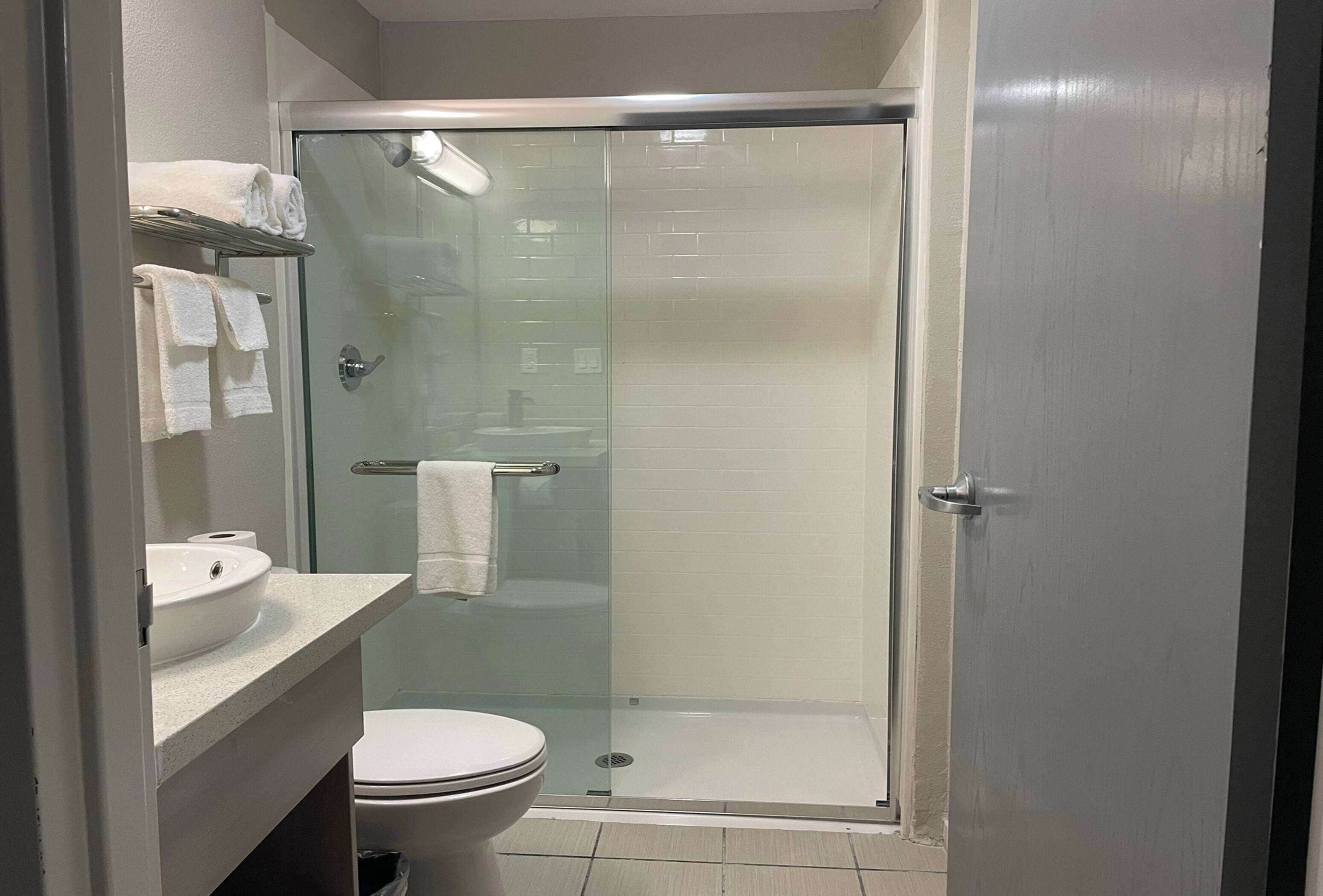 A modern bathroom with a glass-enclosed shower, a toilet, and a sink with a towel rack.