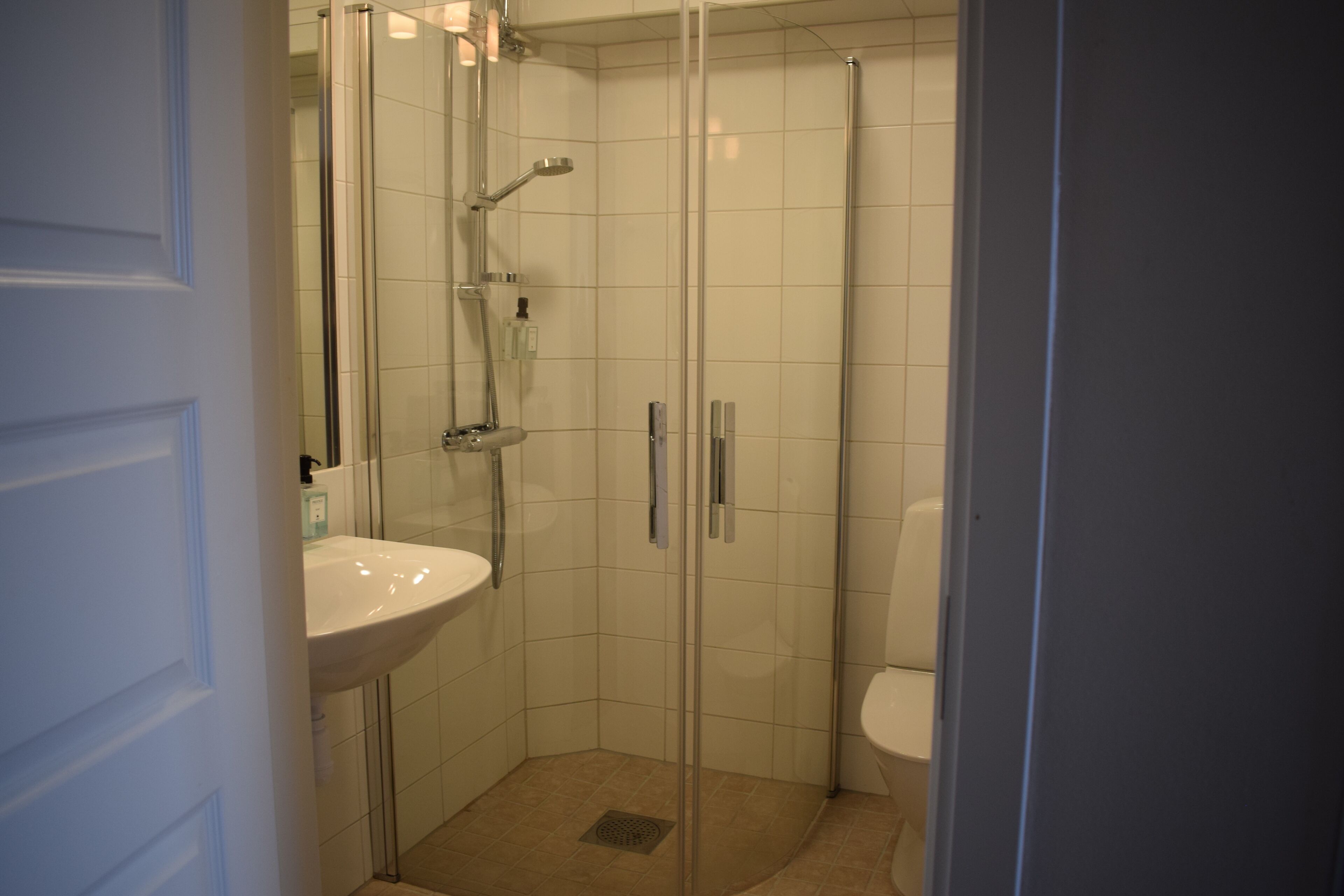 A modern bathroom with a glass shower enclosure, a white sink, and a toilet.