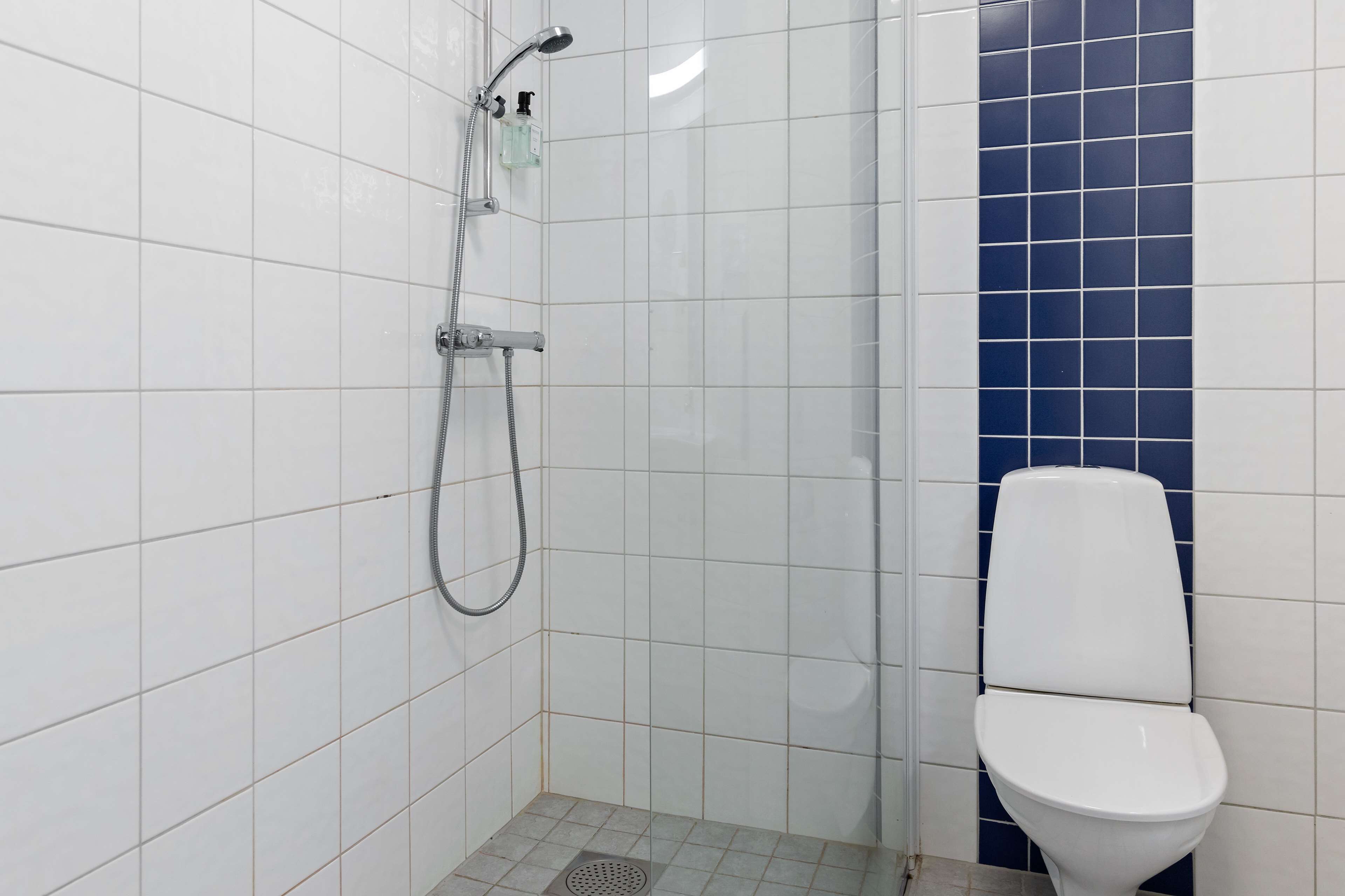 A small, tiled bathroom with a shower and toilet.