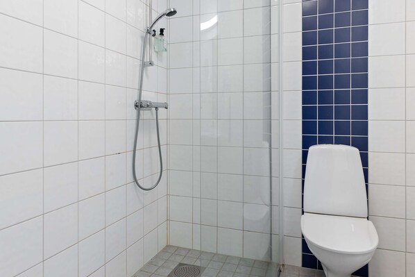 A small, tiled bathroom with a shower and toilet.