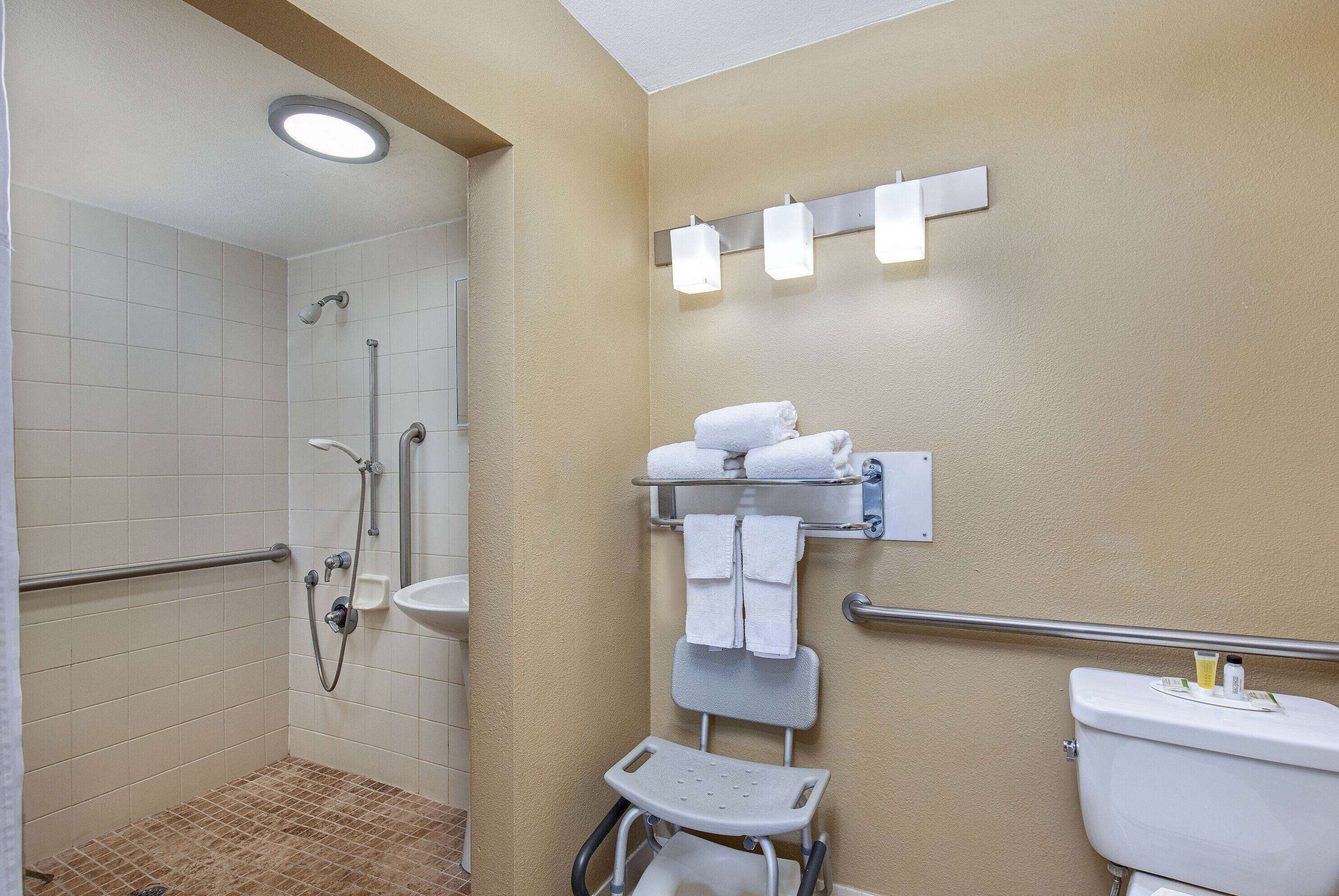 A bathroom with a shower, toilet, and grab bars.