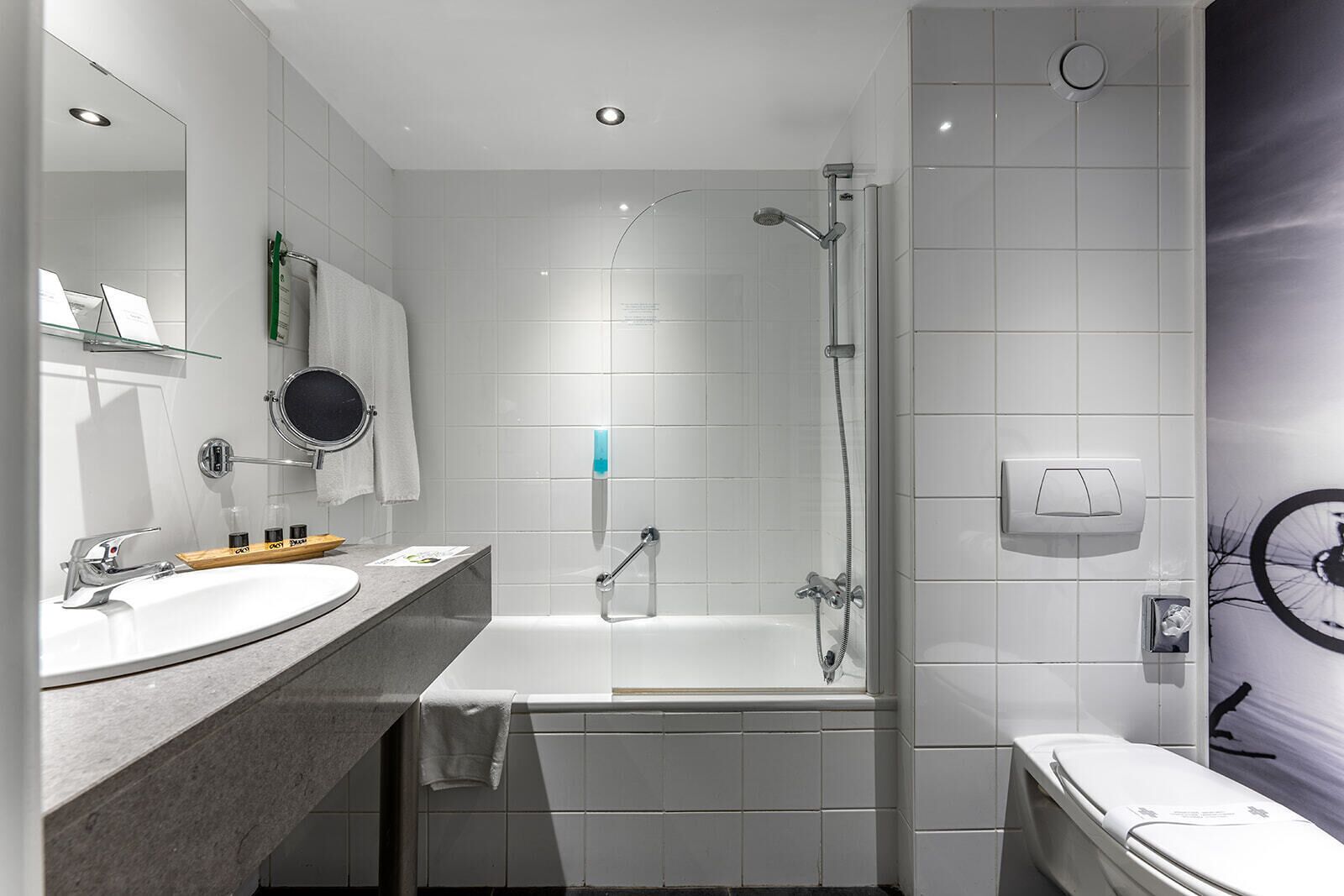 Ein modernes Badezimmer mit Badewanne, Dusche und Toilette.