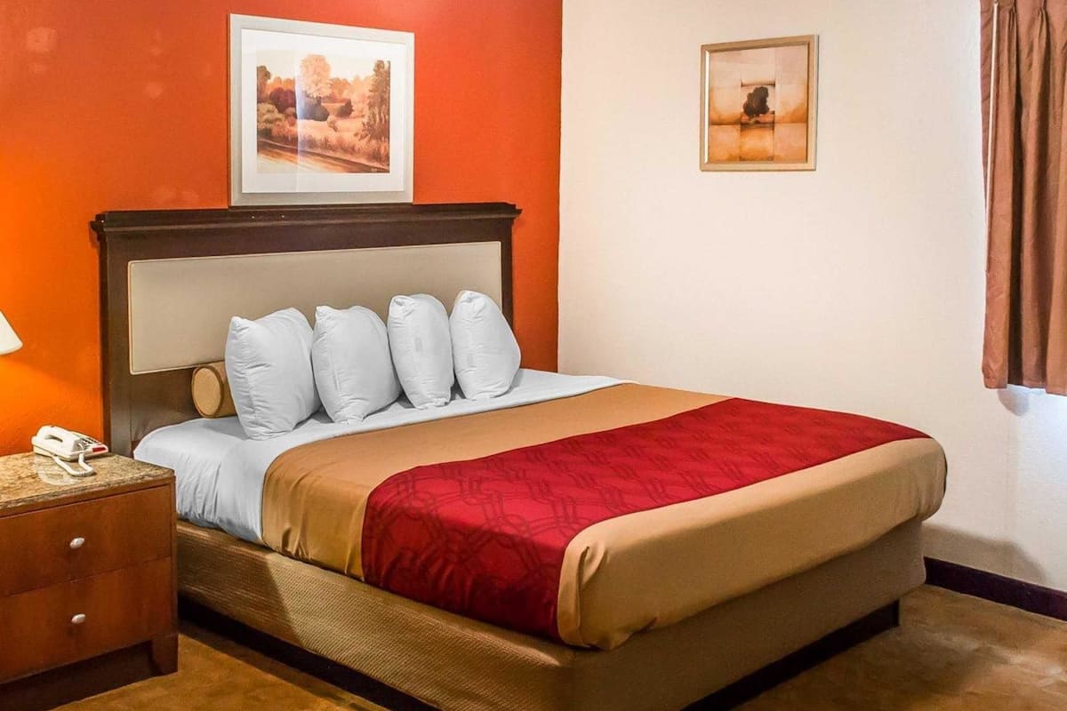 Une chambre d’hôtel avec un lit, une table de chevet, un téléphone et deux tableaux encadrés au mur.