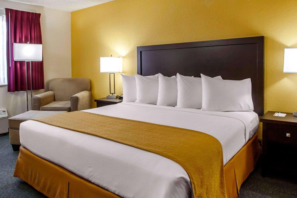 A hotel room with a large bed, a chair, a nightstand, and a lamp.