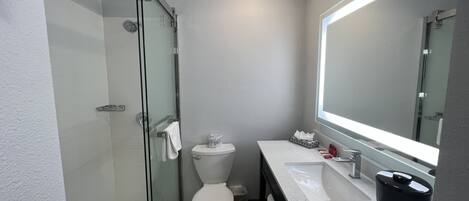 A modern bathroom with a glass shower enclosure, a toilet, a sink with a mirror, and a trash bin.