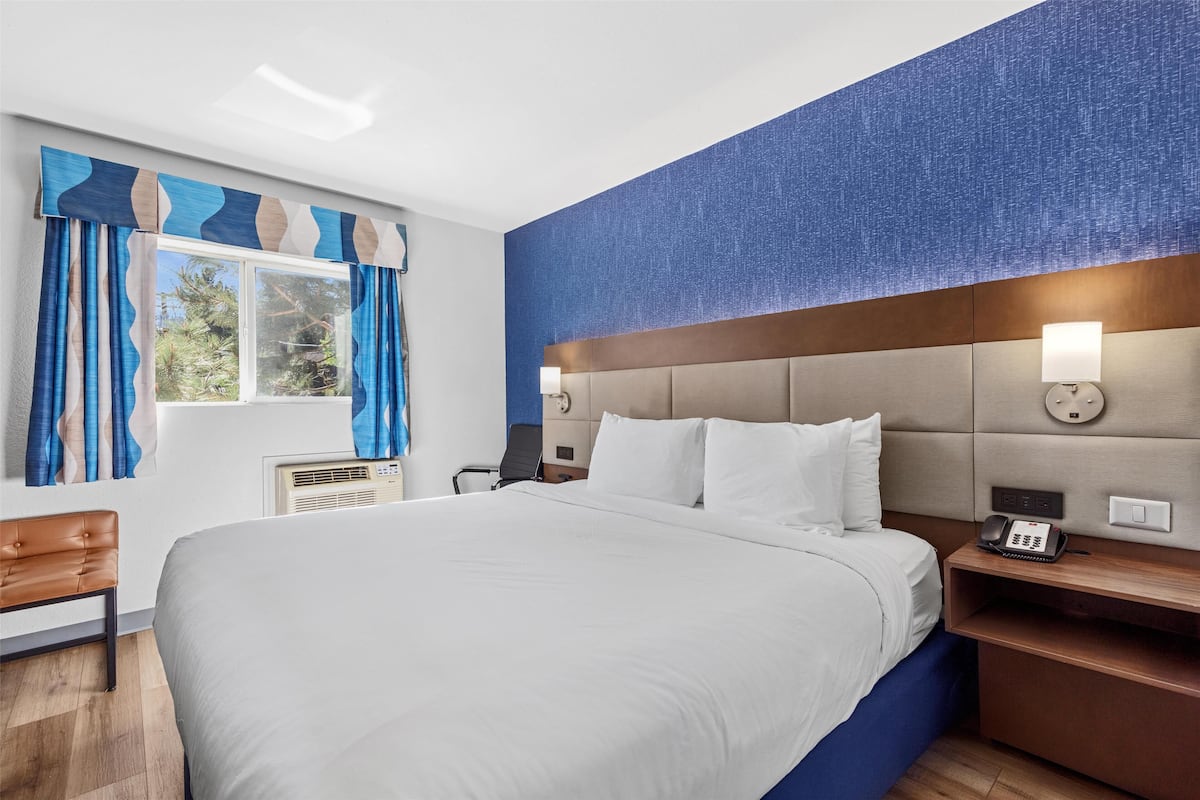 Una habitación de hotel moderna con una cama grande, una mesita de noche de madera, un escritorio y una ventana con cortinas azules.