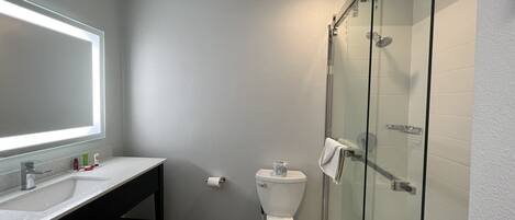 A modern bathroom with a glass shower enclosure, a white toilet, and a vanity with a mirror.
