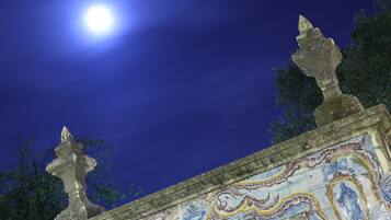 A night scene with a bright moon and a tiled structure with ornate designs.