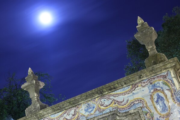 Une scène nocturne avec une lune brillante et une structure recouverte de carreaux aux motifs décoratifs.