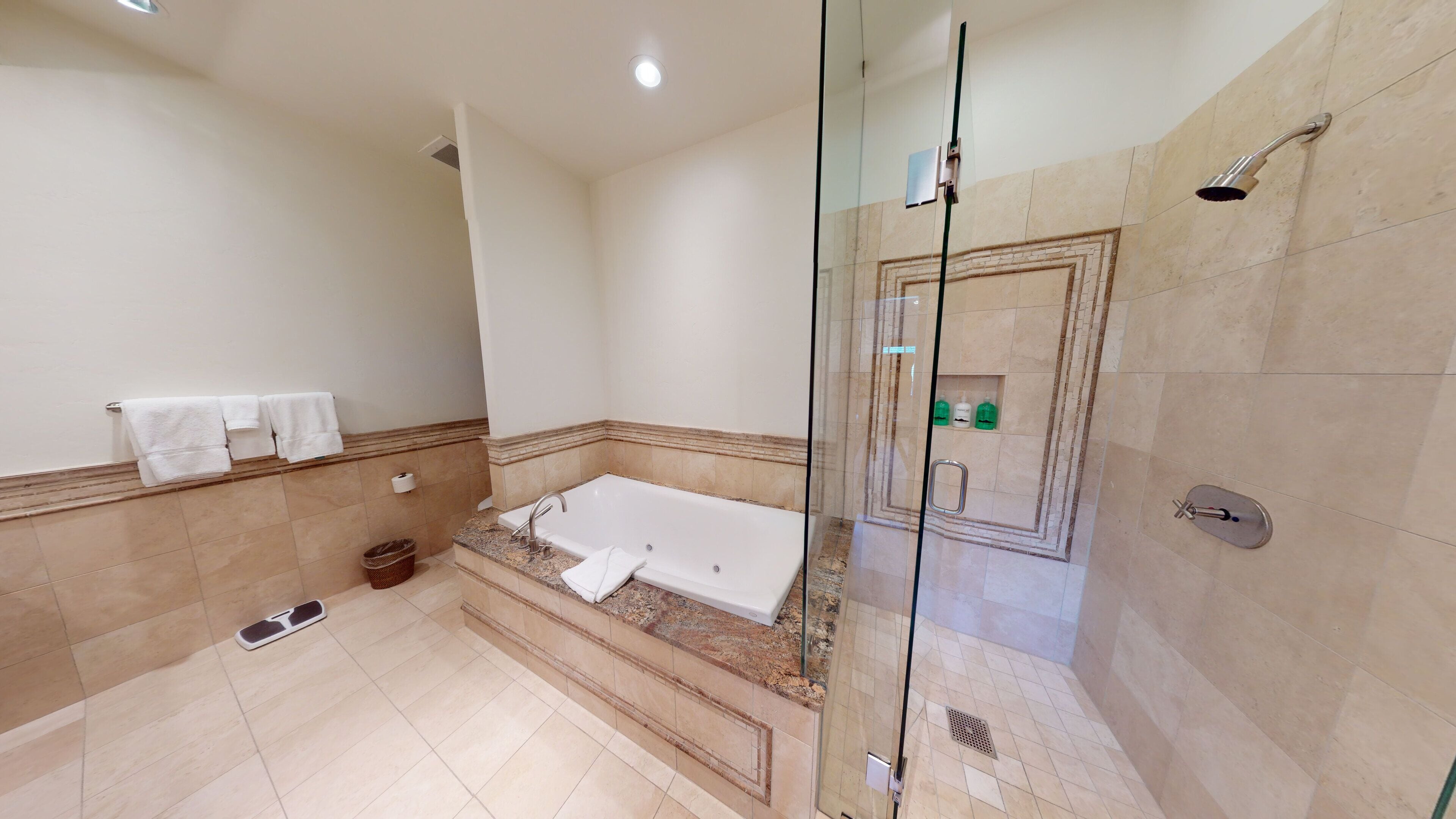 A modern bathroom with a glass-enclosed shower, a bathtub, and a toilet.