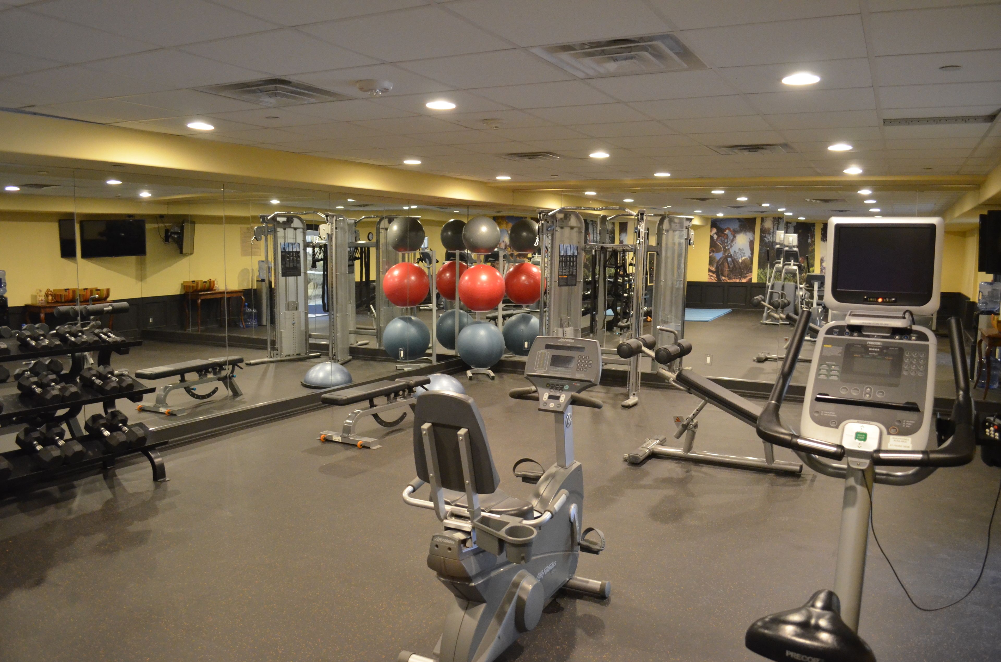 A gym with various exercise equipment, including treadmills, weight machines, and exercise balls.