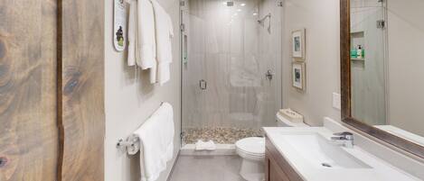 A modern bathroom with a glass-enclosed shower, a toilet, and a vanity with a mirror.