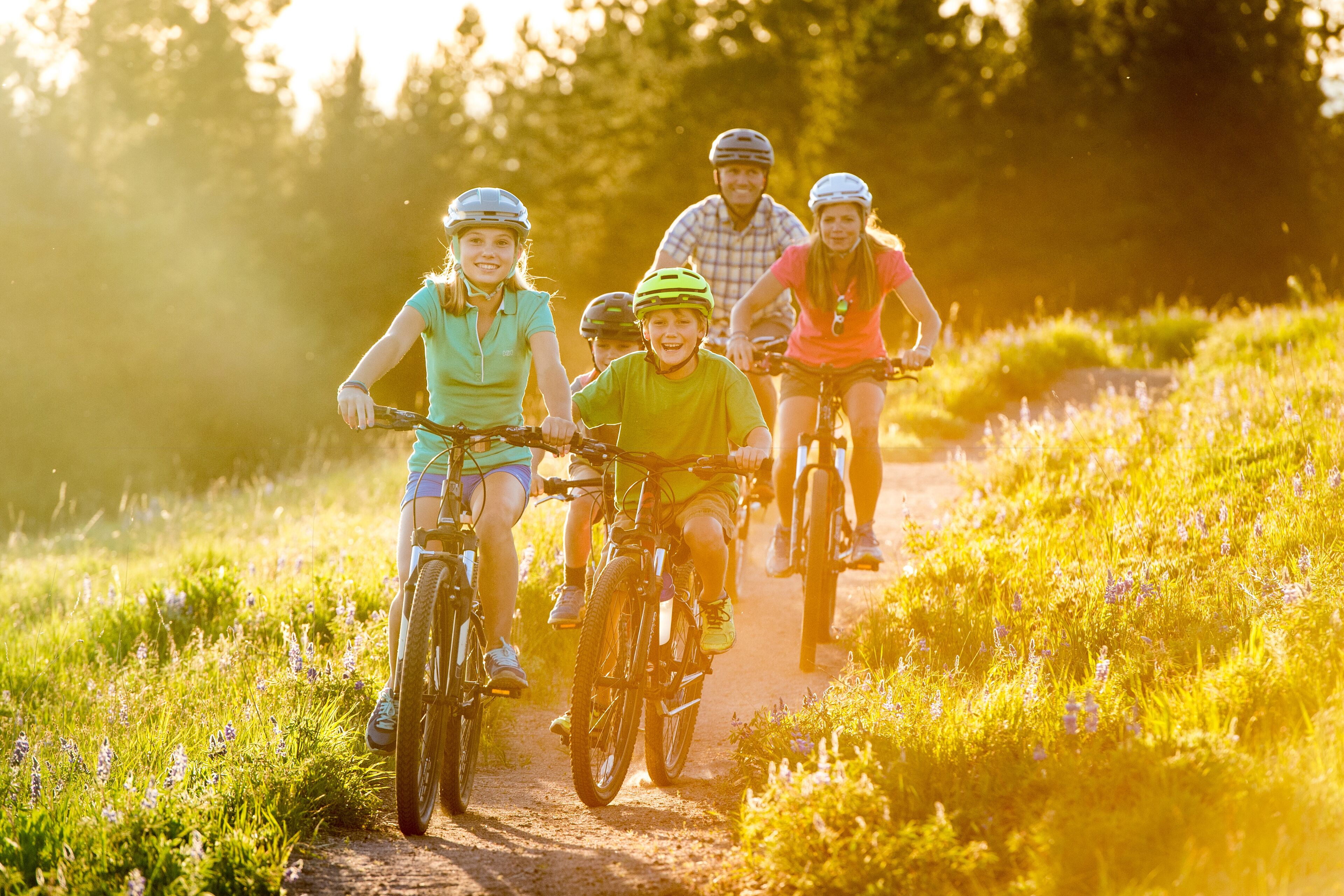 A group of people riding bicycles on a sunlit path surrounded by greenery.
