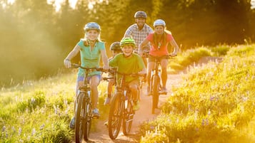 Um grupo de pessoas andando de bicicleta por um caminho ensolarado, cercado por vegetação.
