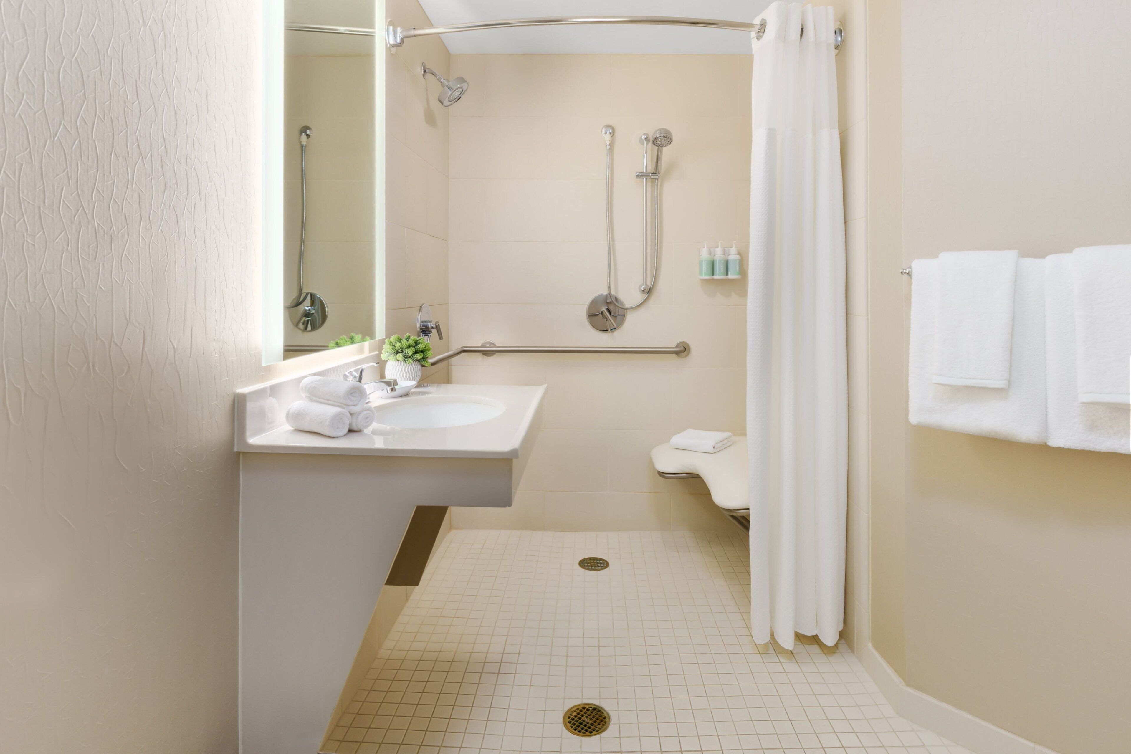 combined shower/bathtub, free toiletries, hair dryer, towels