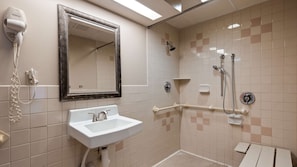 Combined shower/tub, free toiletries, hair dryer, towels