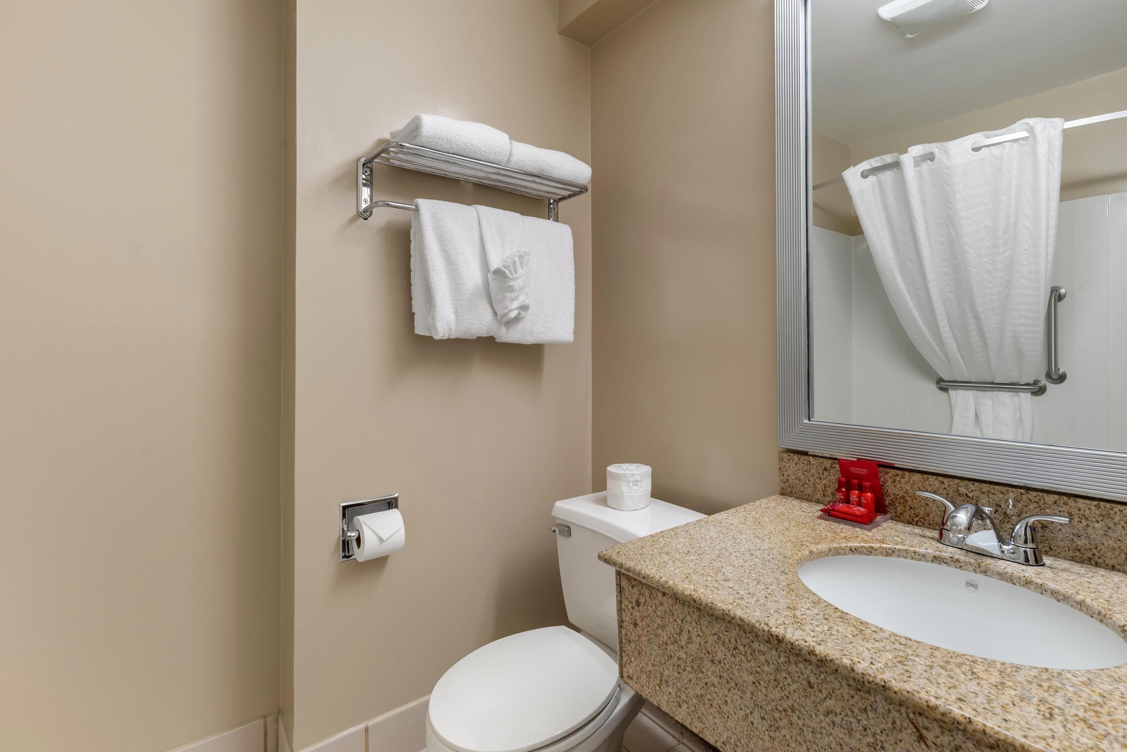 A bathroom with a toilet, sink, towel rack, and a mirror.