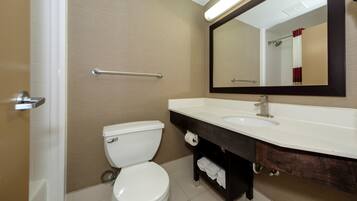 A bathroom with a toilet, sink, and mirror.