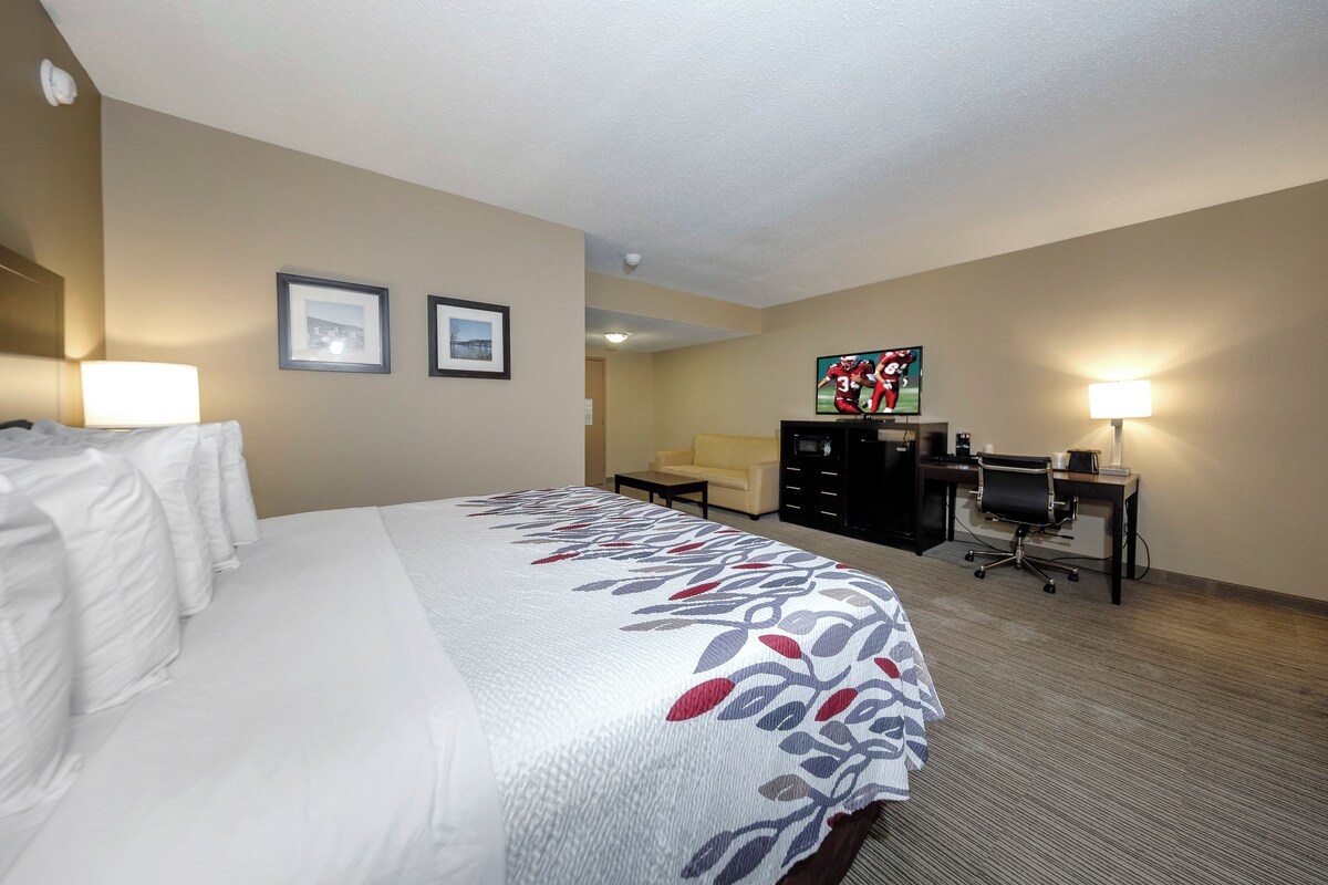 Habitación de hotel con una cama grande, un escritorio con silla, un televisor y dos cuadros en la pared.