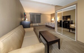 Une chambre d’hôtel avec un canapé, une petite table, un téléviseur, un bureau avec une chaise et un lit.