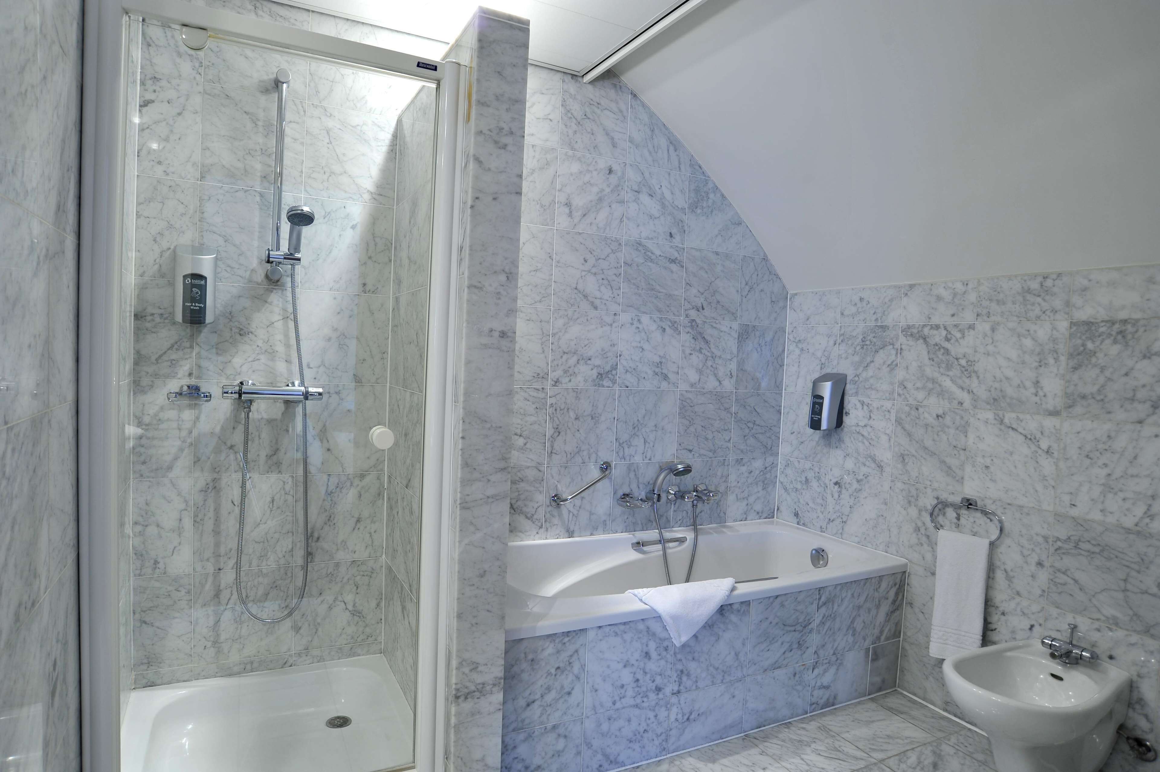 shower, eco-friendly toiletries, hair dryer, towels