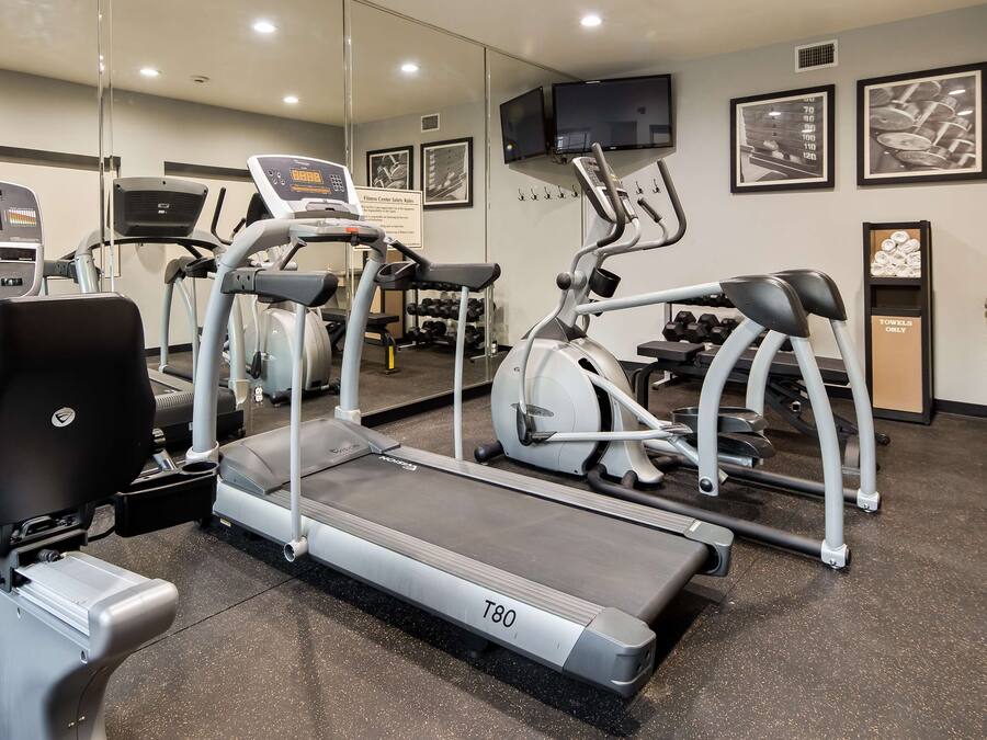 A gym with treadmills, ellipticals, and weight machines.