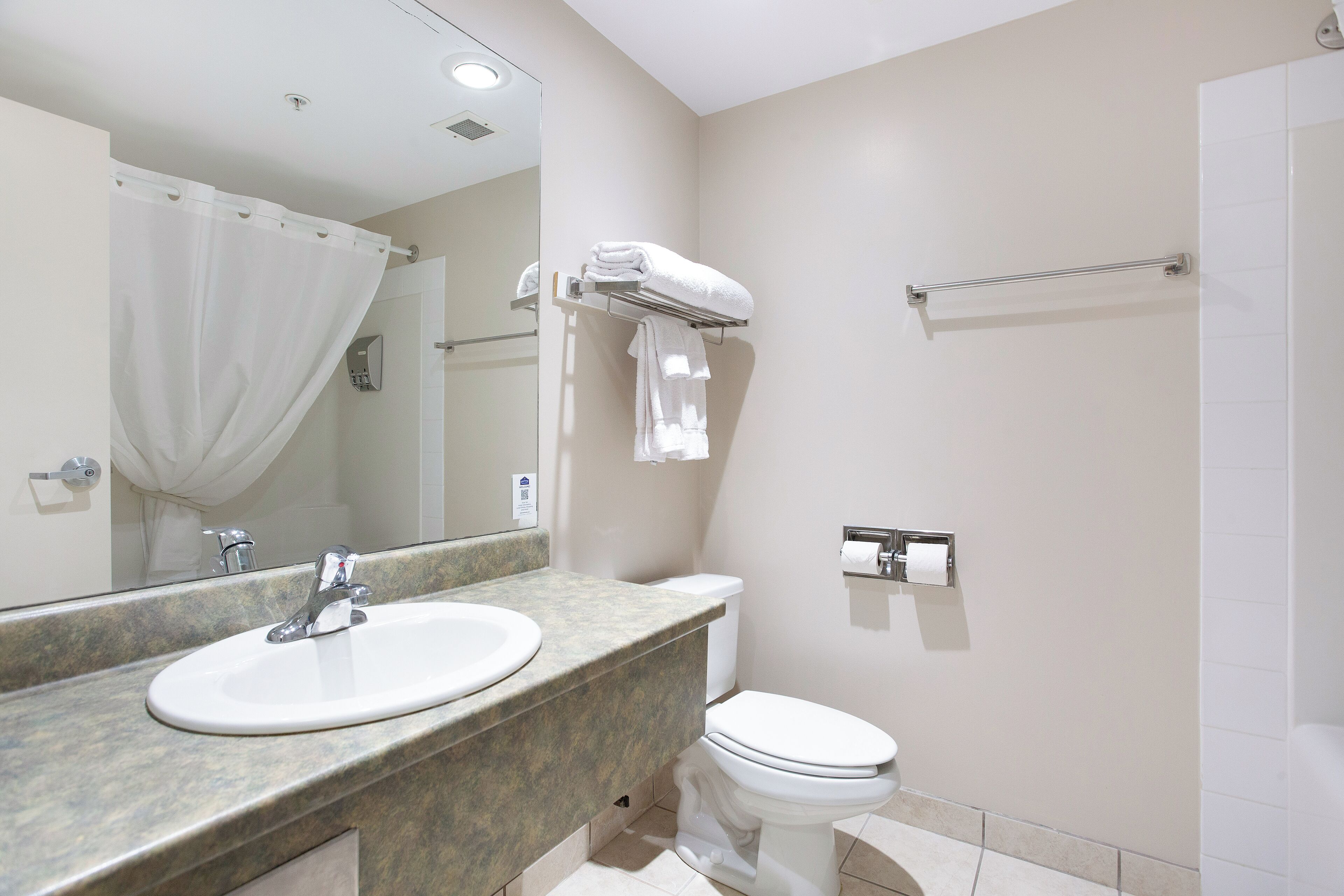 Un baño con lavamanos, inodoro y cortina de ducha.