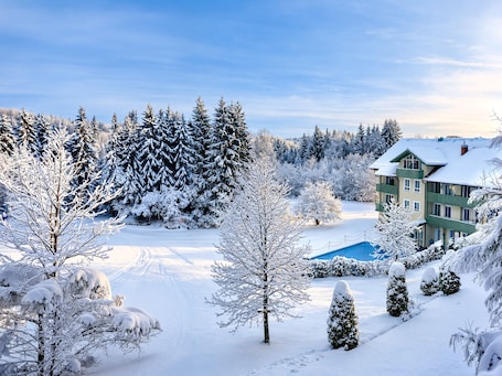 Schneebedeckte Landschaft mit einem Gebäude, das Balkone, einen Pool und einen Wald im Hintergrund zeigt.. Hotel Ahornhof