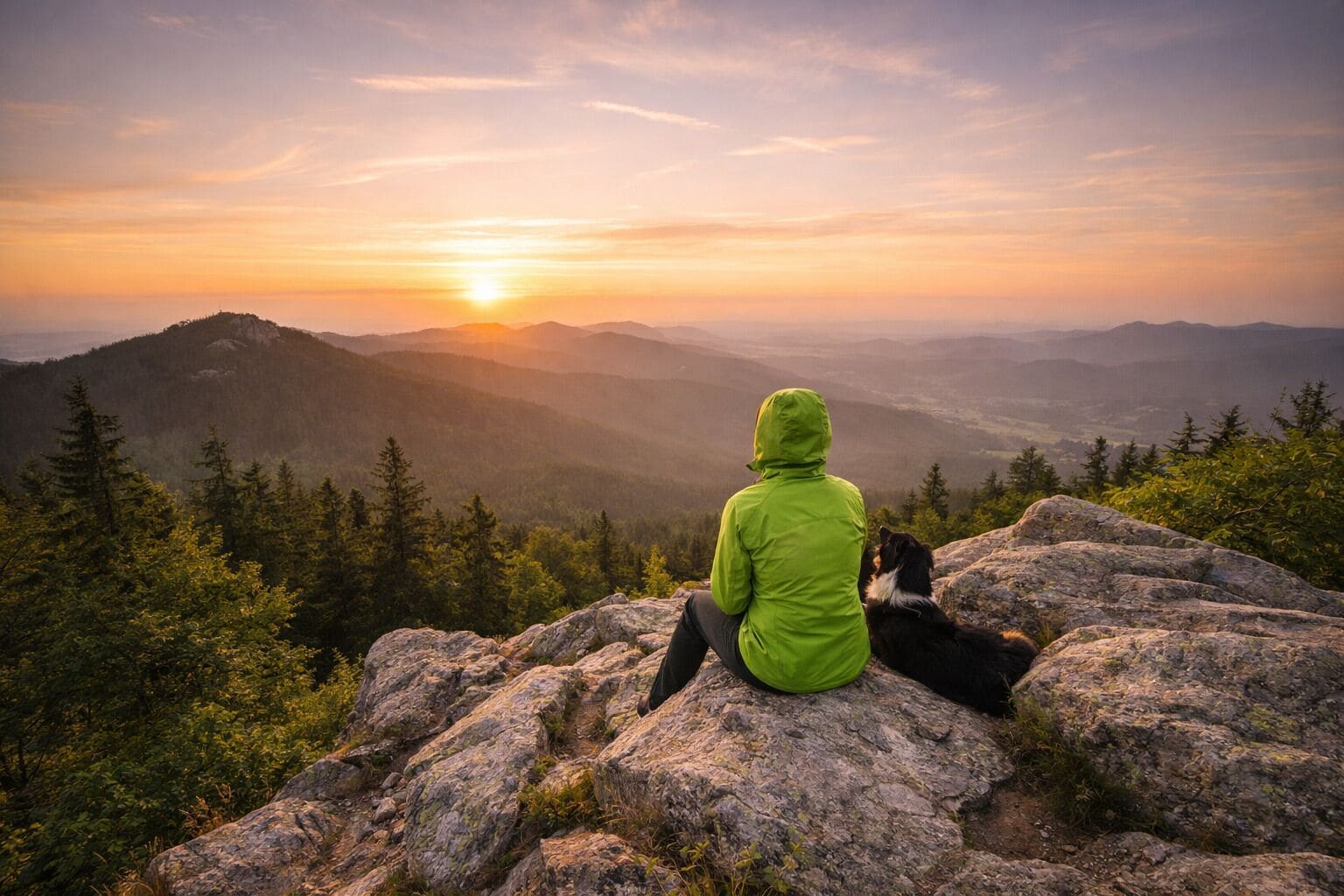 A person sitting on a rock with a dog, overlooking a mountainous landscape during sunset.