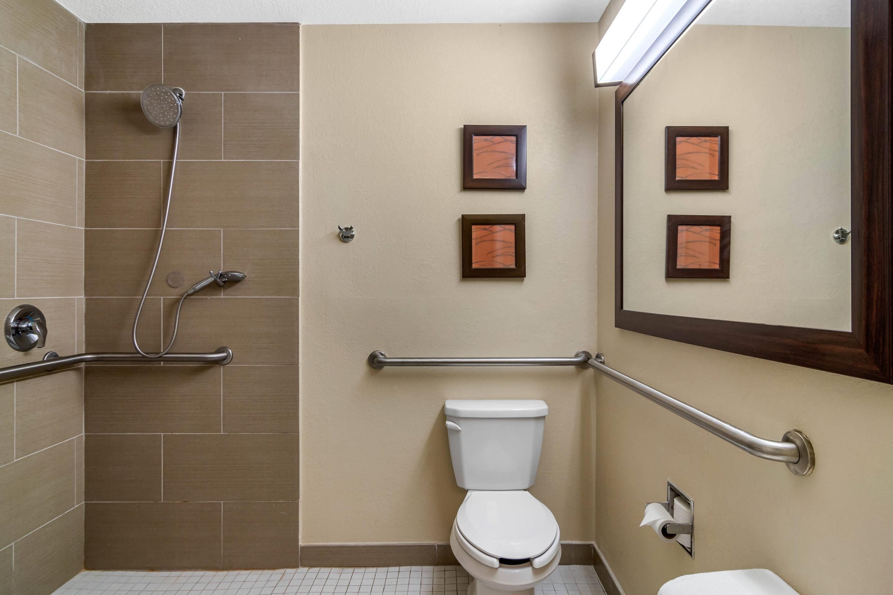 Une salle de bain équipée de toilettes, d’une douche et d’une barre d’appui.
