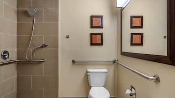 Une salle de bain équipée de toilettes, d’une douche et d’une barre d’appui.