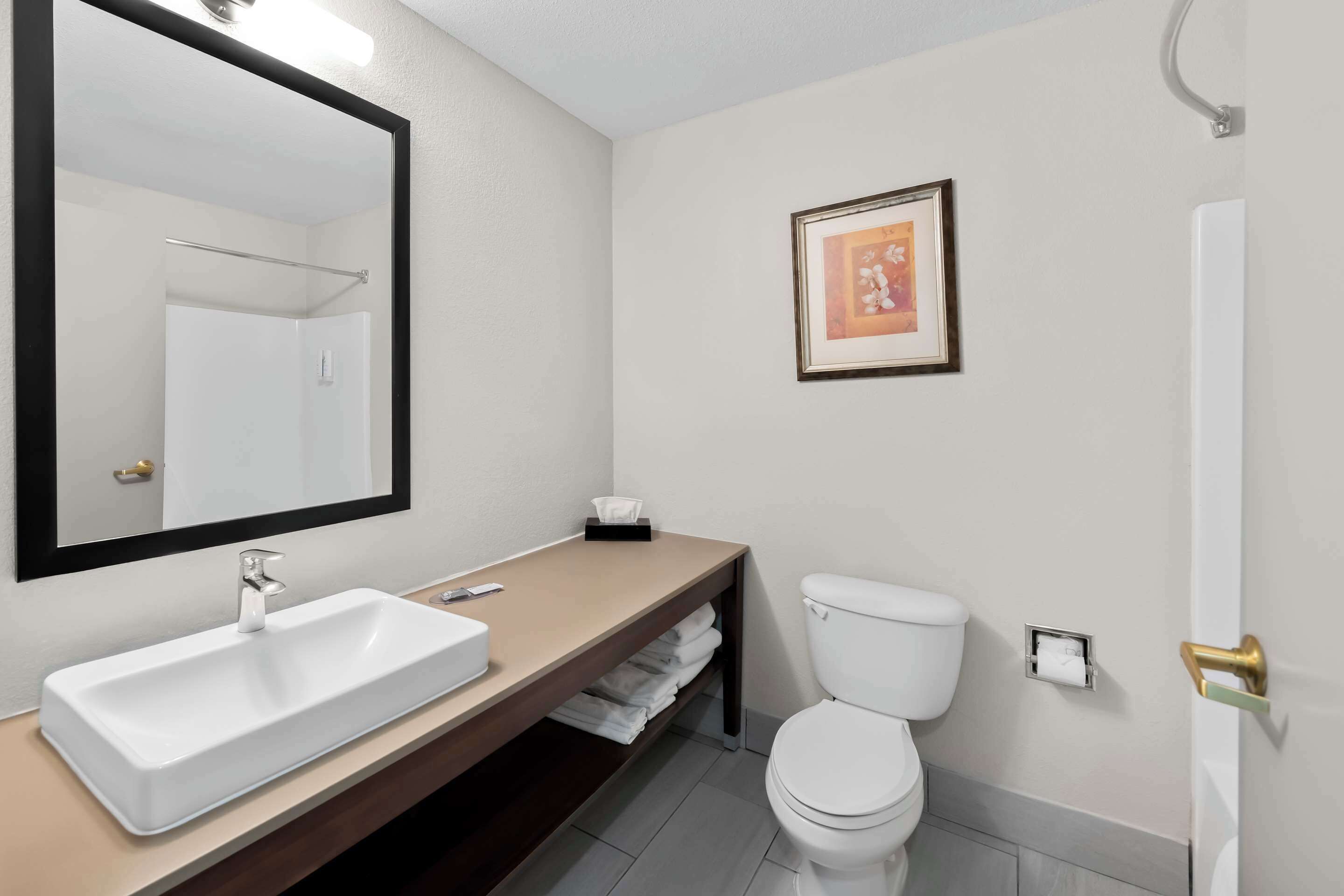 A bathroom with a white sink, a toilet, a framed picture on the wall, and a towel rack.