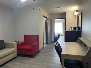 Premium bedding, pillowtop beds, desk, blackout drapes