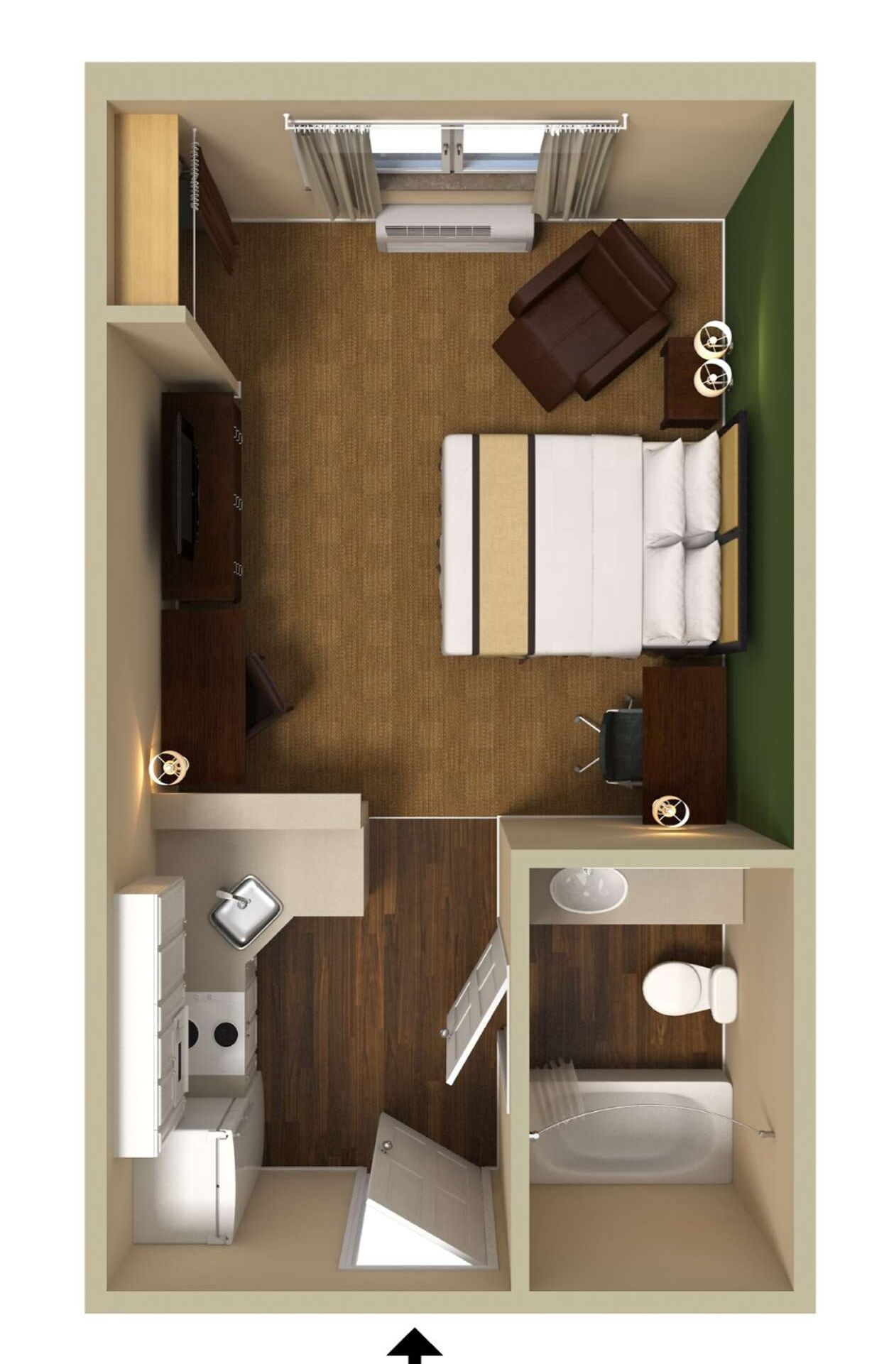 Distribució compacta d'una habitació d'hotel, amb llit, escriptori petit, bany i petita cuina.