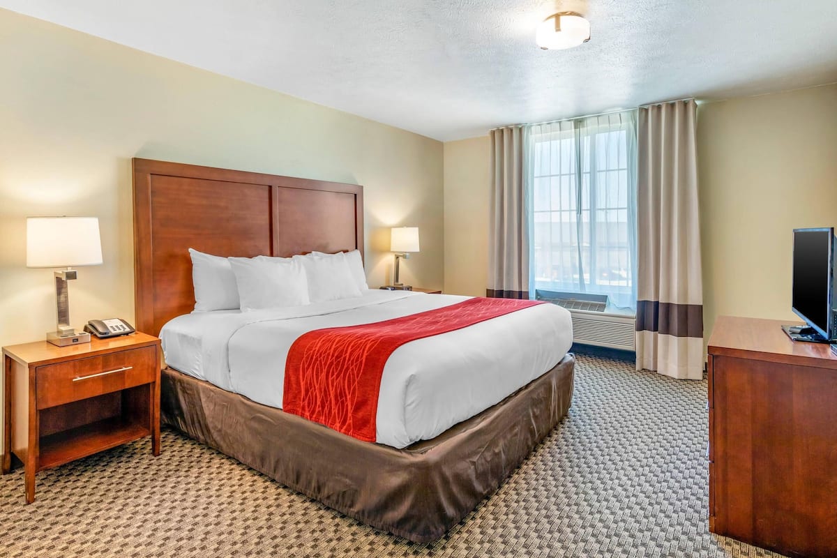 A hotel room with a large bed, two bedside tables with lamps, a TV, and a window with curtains.