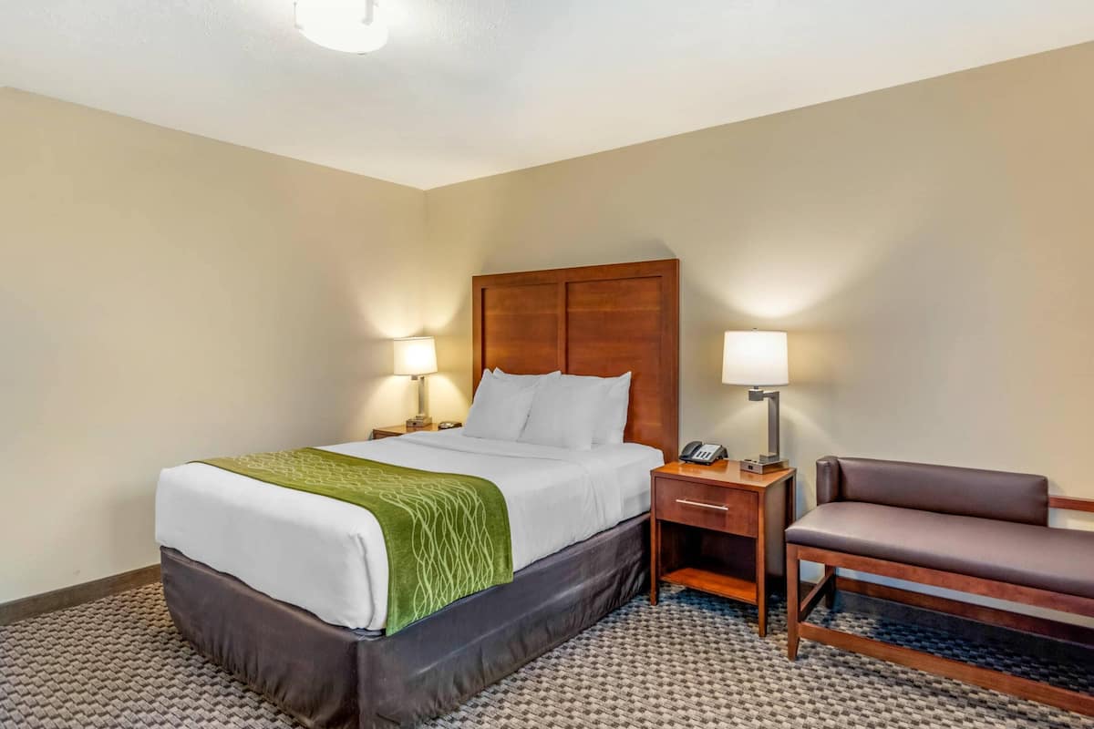 A hotel room with a bed, bedside lamps, a chair, and a nightstand.