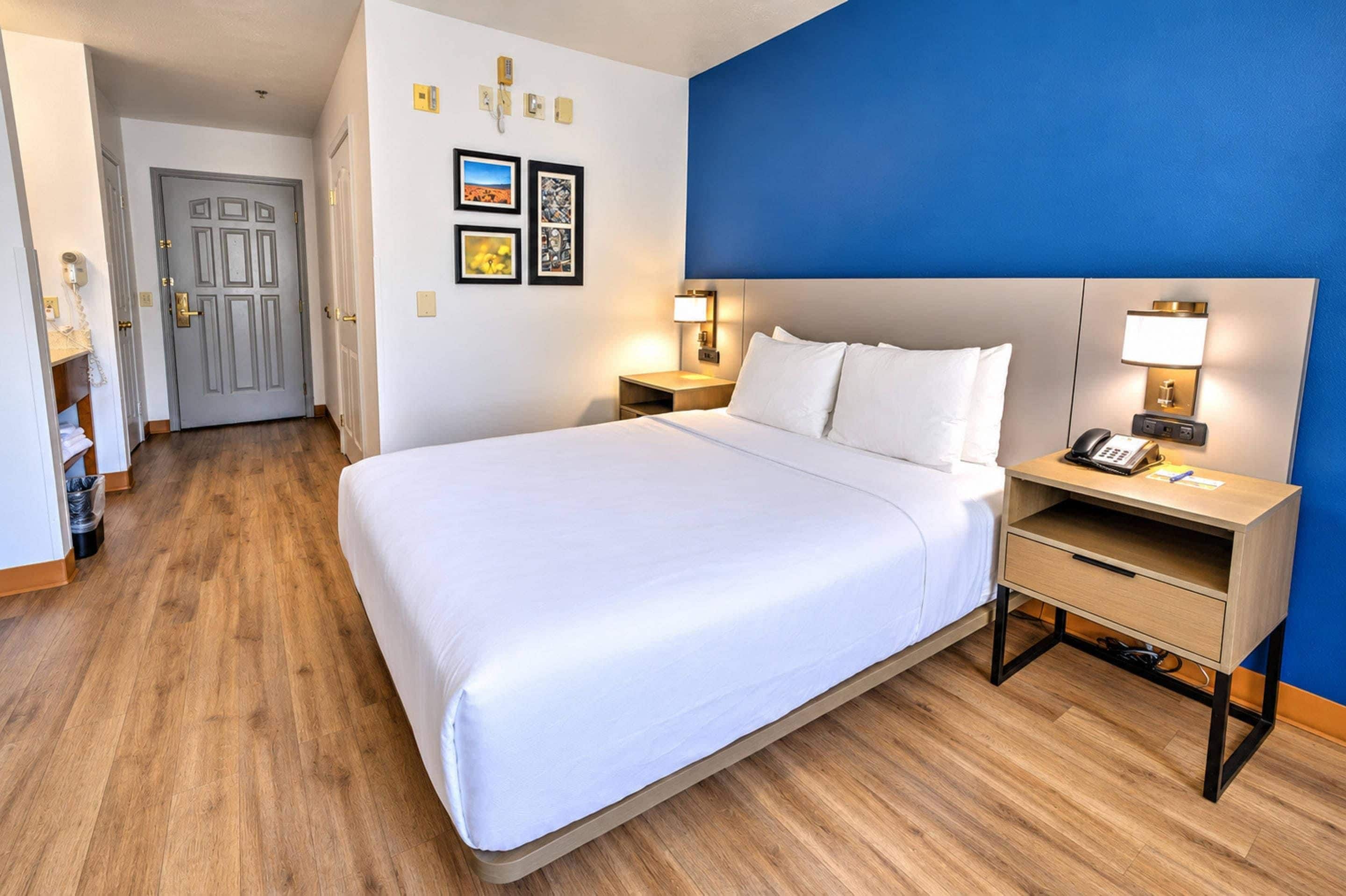 A hotel room with a large bed, bedside tables, a desk, and a blue accent wall.