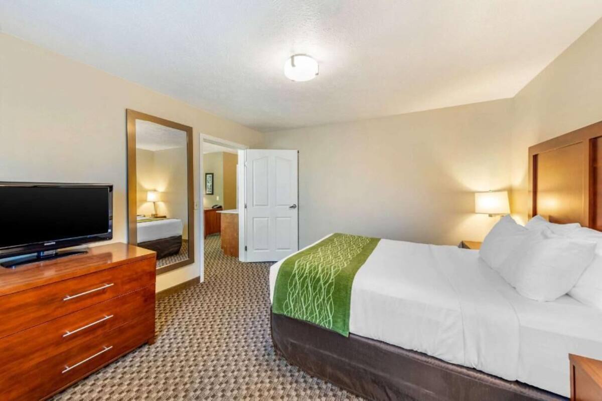 A hotel room with a bed, a TV, a dresser, a mirror, and a door leading to another room.