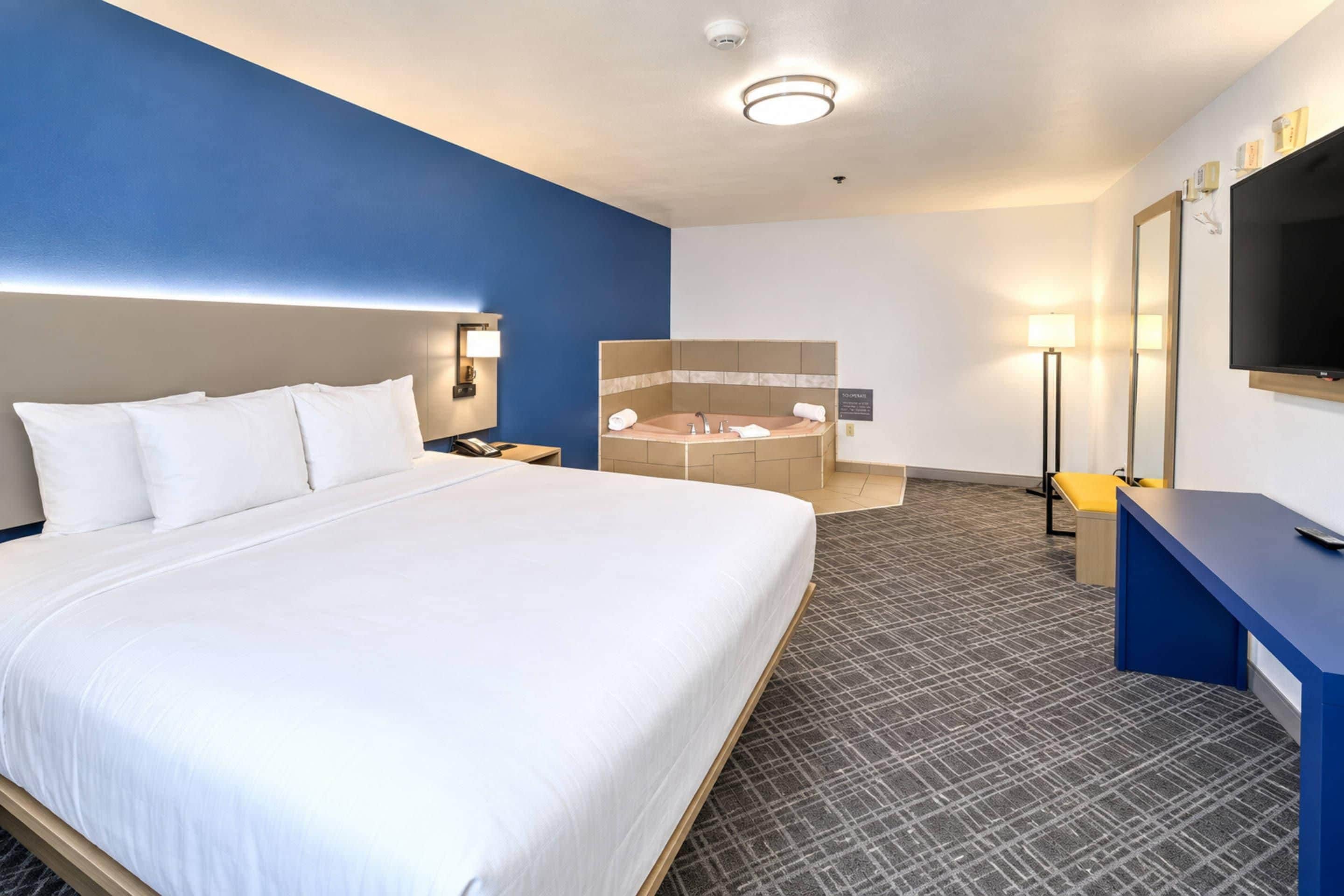 Habitación de hotel con una cama grande, un escritorio, televisor y baño con bañera.